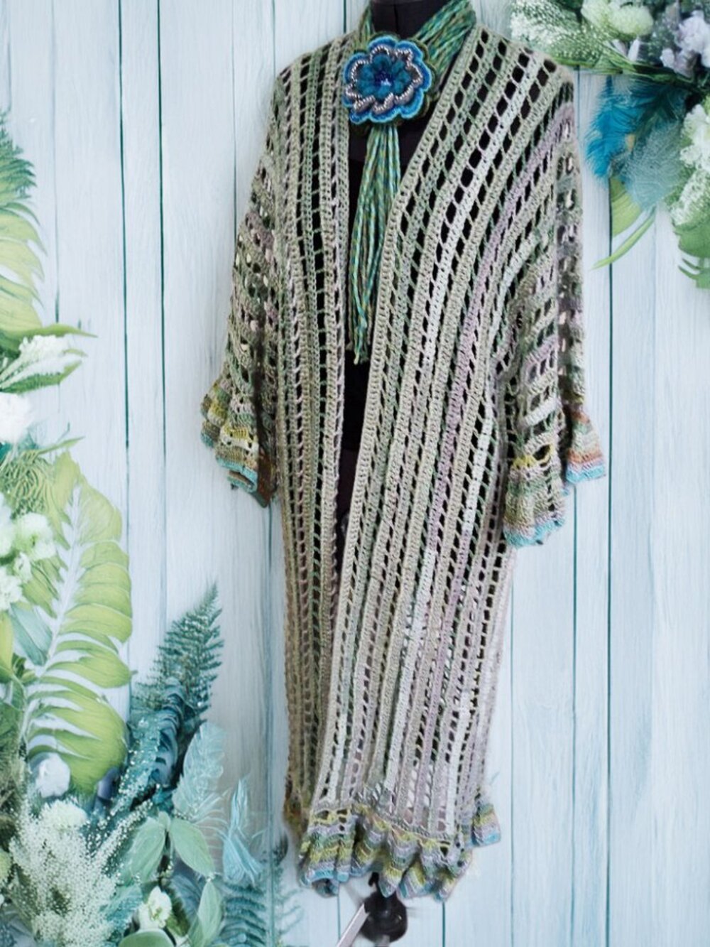 Light Green Mesh Boho Long Ruffle Edge Sweater Large xl - Picture 1 of 9